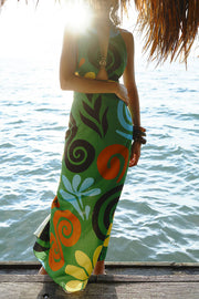 Solana Linen Blend Contrast Color Spiral Hardware Cutout Halter Maxi Dress