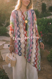 Sun Washed Knit Colorful Zigzag Pattern Asymmetric Hem Loose Cover-ups Kaftan