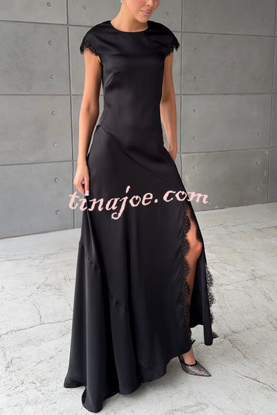 Dreaming Party Satin Lace Trim Short Sleeve Slit Maxi Dress