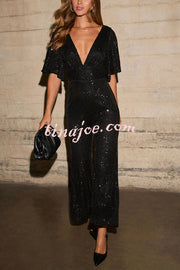 Trophy Wife Sequin Bell Sleeve Flare Stretch Jumpsuit