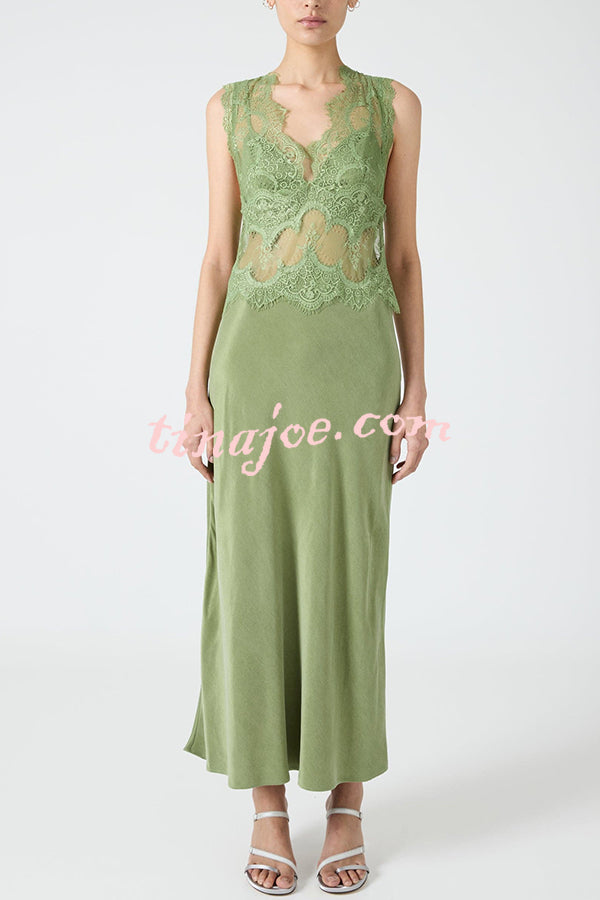 Wonderful Fusion Satin Lace Trim See-through Waist V-neck Drape Maxi Dress