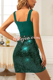 Fashion Sleeveless Suspender Spliced Sequined Slim Mini Dress