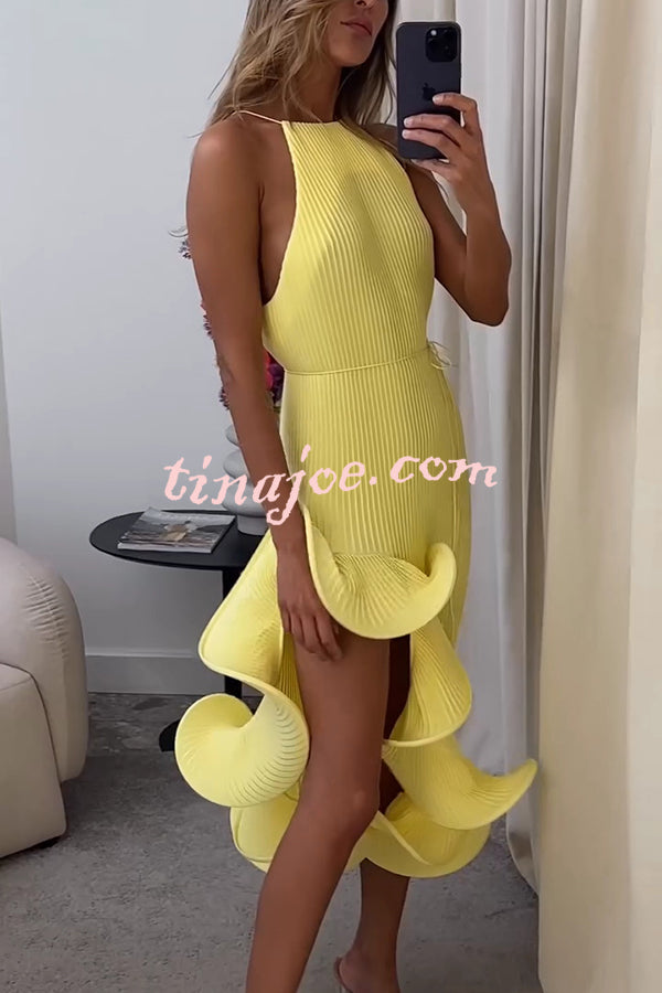 Solid Color Sleeveless Waist Tie Irregular Ruffle Slim Midi Dress