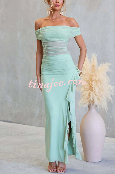 Sexy Mesh Off-shoulder Slim Fit Ruffled Slit Maxi Dress