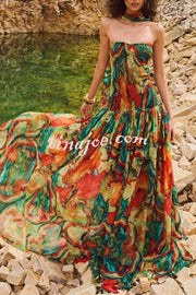 Vacay Vibes Colorful Lava Print Off Shoulder Smocked Scarf Maxi Dress