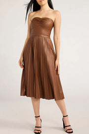 My Juliet Faux Leather Off Shoulder Strapless Pleated Stretch Midi Dress