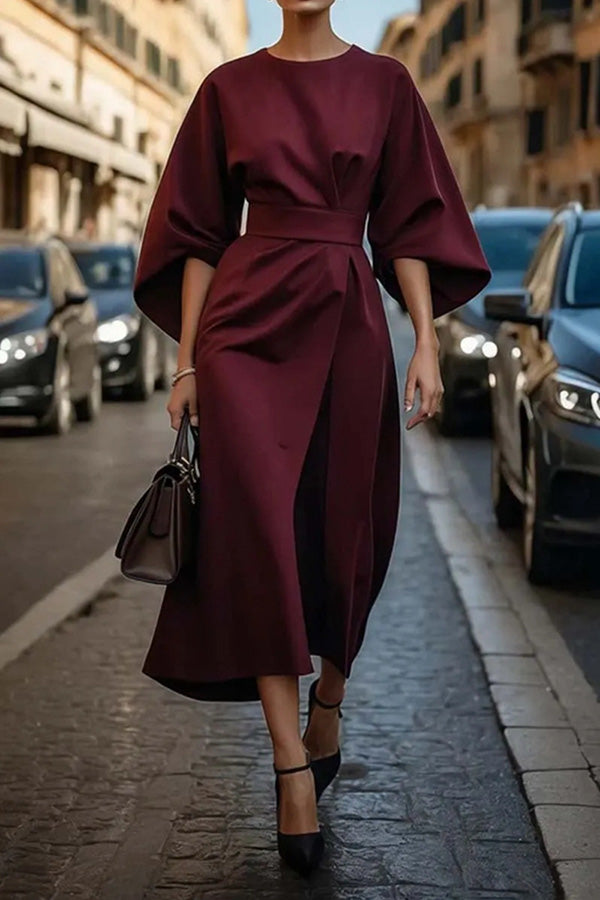 Solid Color Batwing Sleeve Waisted Casual Midi Dress