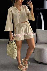 Solid Color V-neck Long-sleeved Top and Pocket Loose Casual Shorts Set