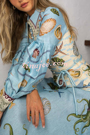 Ocean Print Lapel Button Waist Tie Resort Maxi Dress