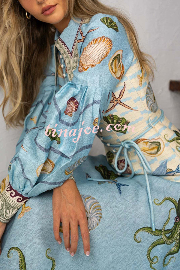 Ocean Print Lapel Button Waist Tie Resort Maxi Dress