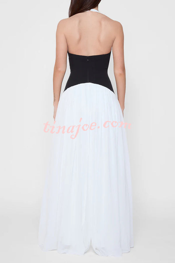 Fashionable Color Matching Sexy Halter Neck Waist Maxi Dress