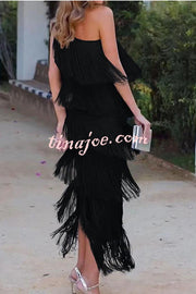 Stylish Fringed One Shoulder Asymmetric Midi Dress