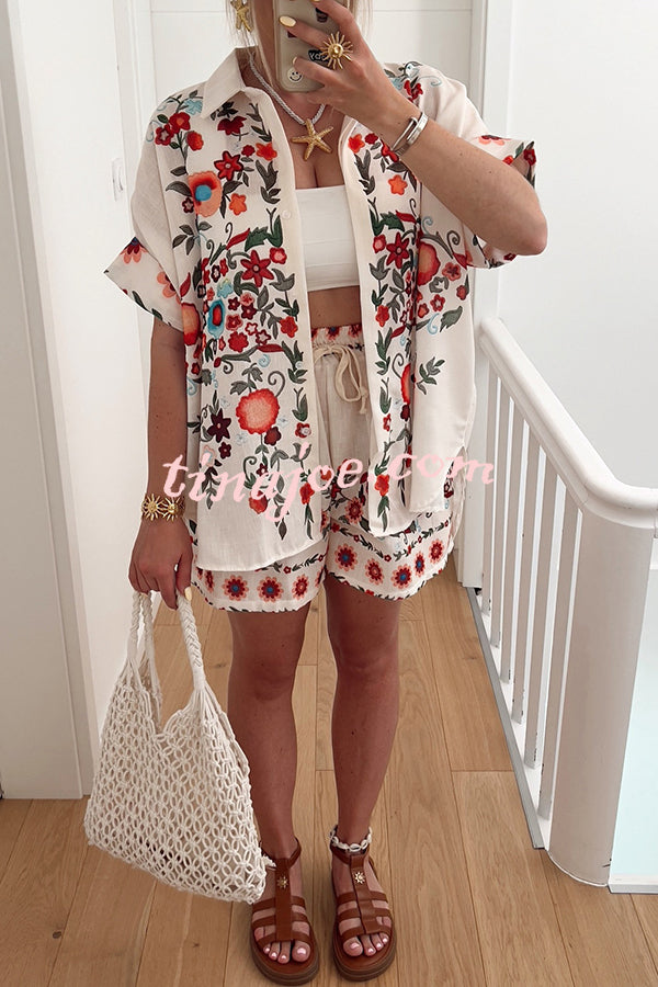 Linen Blend Floral Print Short Sleeve Loose Shirt and Elastic Waist Tie Casual Shorts Set
