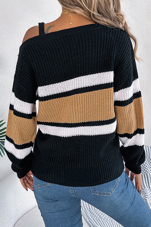 Striped Contrasting Metal Buckle Loose Long-sleeved Knitted Sweater