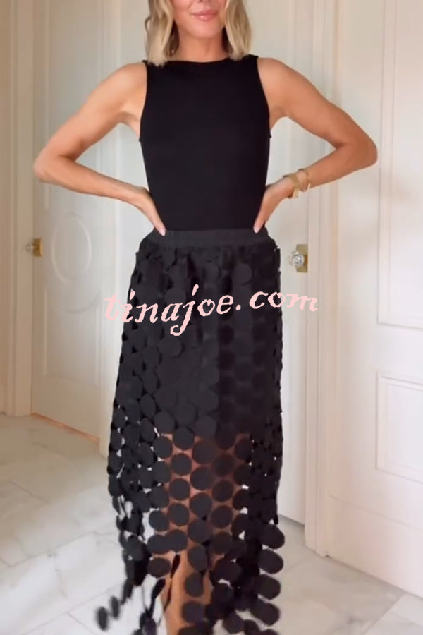 Casie See Through Circle Embroidery Elastic Waist Tassle Hem Maxi Skirt