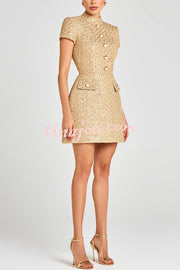 Gold Standard Tweed Fabric Pearl Button Short Sleeve Pocketed Mini Dress