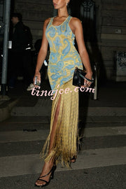 Unique Print Sleeveless Fitted Fringed Hem Maxi Dress
