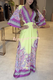 Stand Out and Shine Palace Style Print Bell Sleeve Backless Vacation Maxi Dress