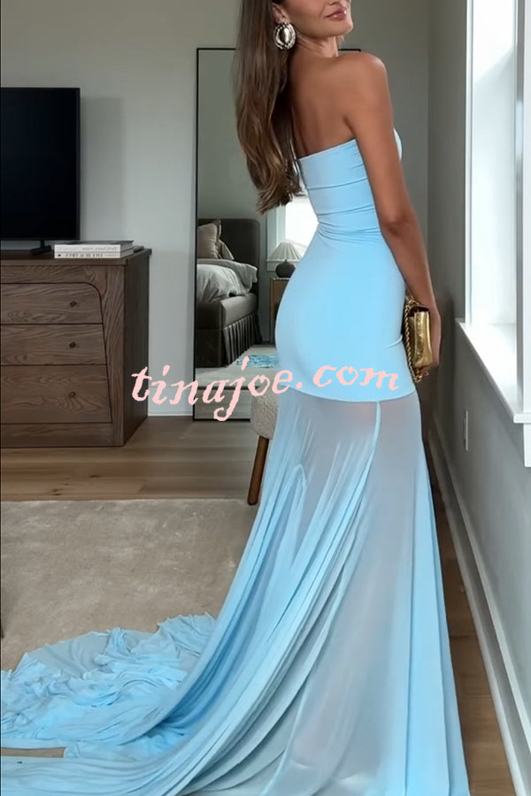 Blue Sky Off Shoulder Contrast Sheer Mesh Fabric Stretch Maxi Dress