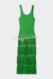 Solid Color Sleeveless Slim Fit Fringed Hem Knitted Midi Dress