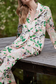 Swan Crane Printed Home Long Sleeved Two-piece Set