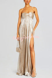 Metallic Sexy Tube Top Pleated High Slit Maxi Dress
