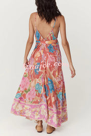 Painter's Garden Boho Floral Print Strappy A-line Maxi Dress