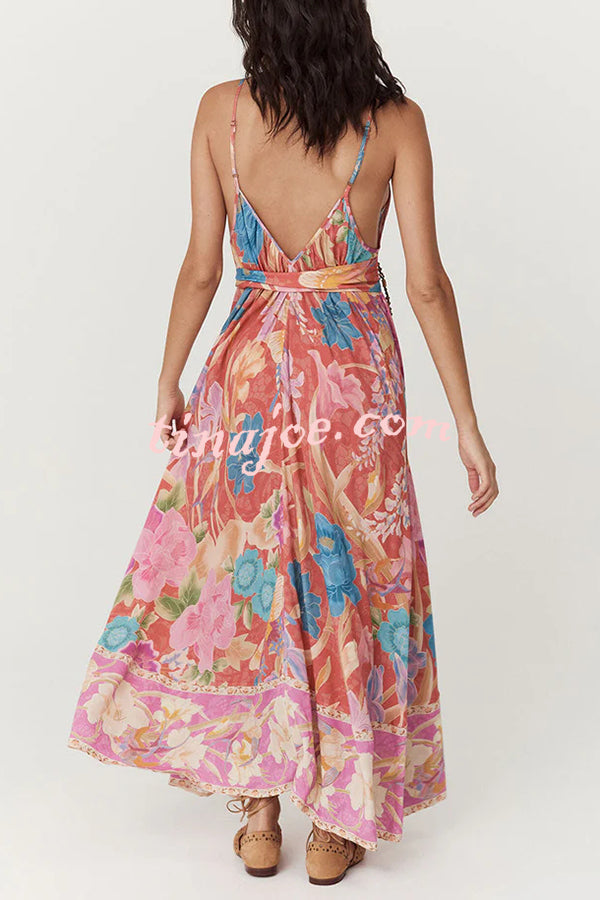 Painter's Garden Boho Floral Print Strappy A-line Maxi Dress