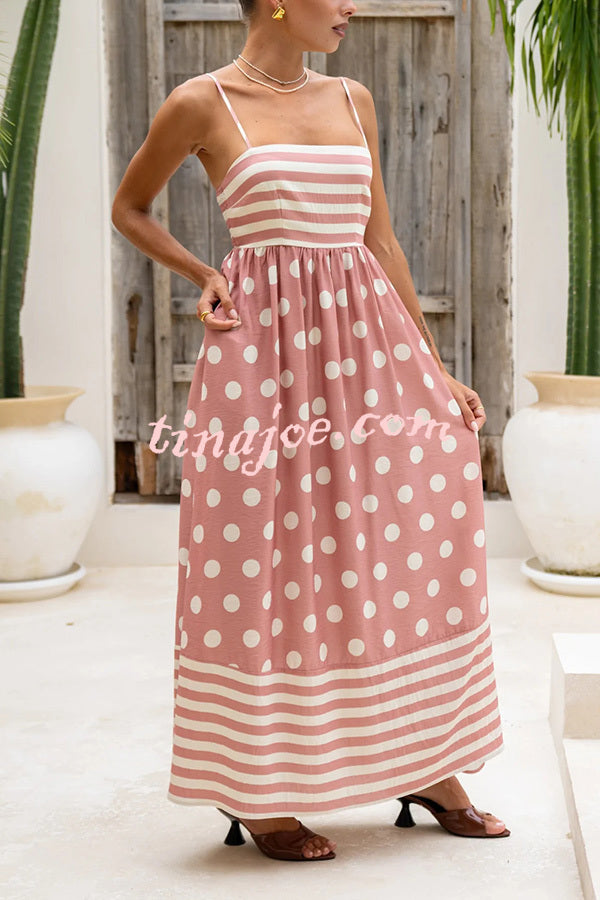 Striped Polka-dot Print Sling Pleated Open-back Maxi Dress