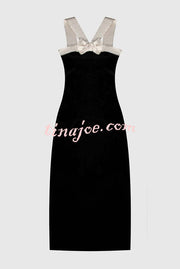 Sociable Elegance Velvet Contrast Bow Shoulder Strap Slit Stretch Midi Dress