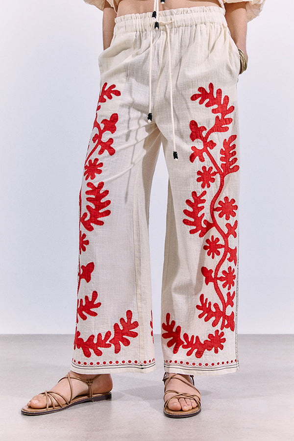 Till Sunset Linen Blend Unique Print Elastic Waist Pocket Wide Leg Pants