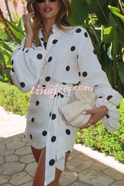 Effortlessly Linen Blend Polka Dot Balloon Sleeve Blouse and Wrap Tie-up Loose Mini Skirt Set