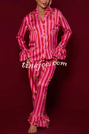 Festive Season Long Candy Stripe Tiered Bell Cuffs Elastic Waist Pocketed Pajama Set