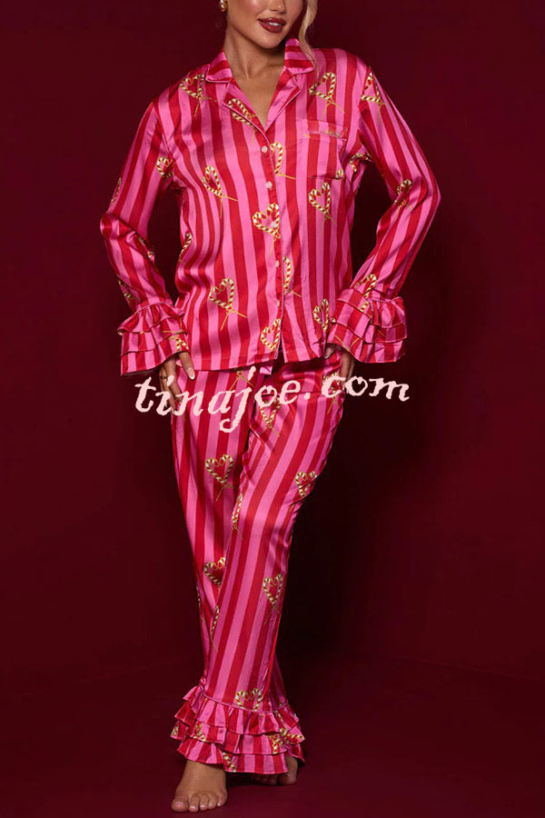 Festive Season Long Candy Stripe Tiered Bell Cuffs Elastic Waist Pocketed Pajama Set