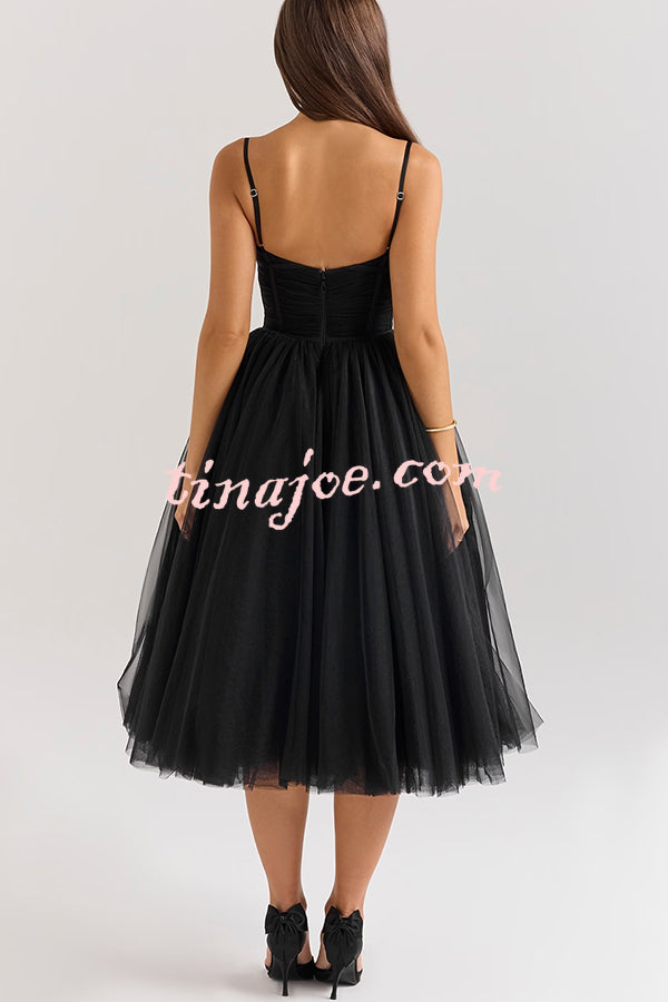 Royal Treatment Tulle Bows Detail Ruched Slip Midi Dress