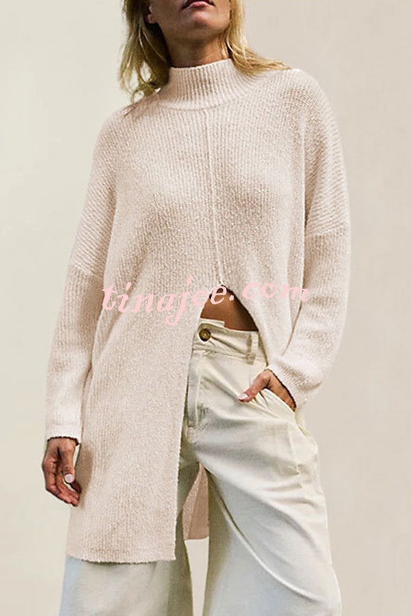 Solid Color Long Sleeve Slit Knitted Sweater