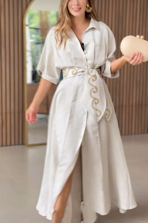 Solid Color Lapel Pocket Pattern Lace-up Loose Maxi Dress