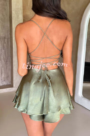 Ruffled Elegant Satin Strappy Satin Backless Lace Up Mini Dress