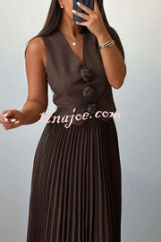 Stylish Rosette Sleeveless Tank Top and Pleated Maxi Skirt Set