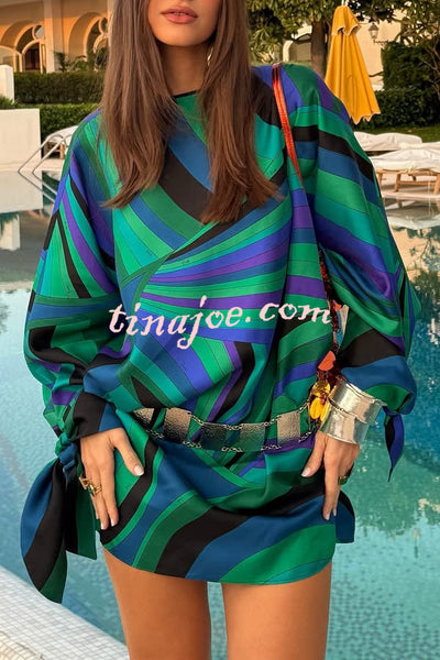 Micah Satin Unique Print Slit Tie-up Sleeve Shift Kaftan Mini Dress