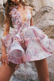 Floral Print V-neck Halter Back Tie Double Layer Mini Dress