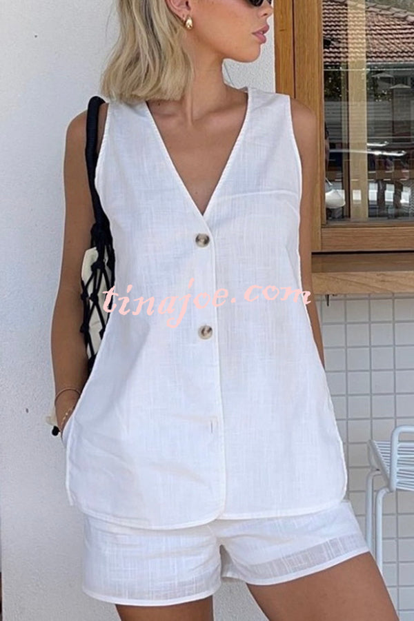 Edna Linen Blend Slit Button Down Loose Vest and Elastic Waist Pocket Shorts Set