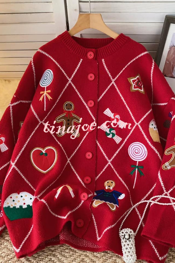 Argyle Candy Gingerbread Man Embroidered Button-knit Cardigan