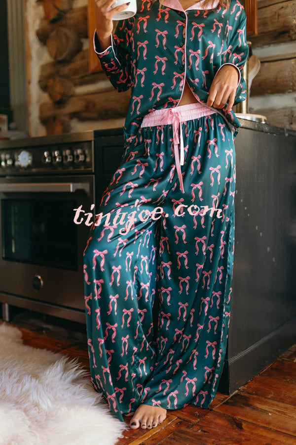 Satin Bow Print Long sleeve Loose Shirt and Elastic Waist Tie Loose Pants Set