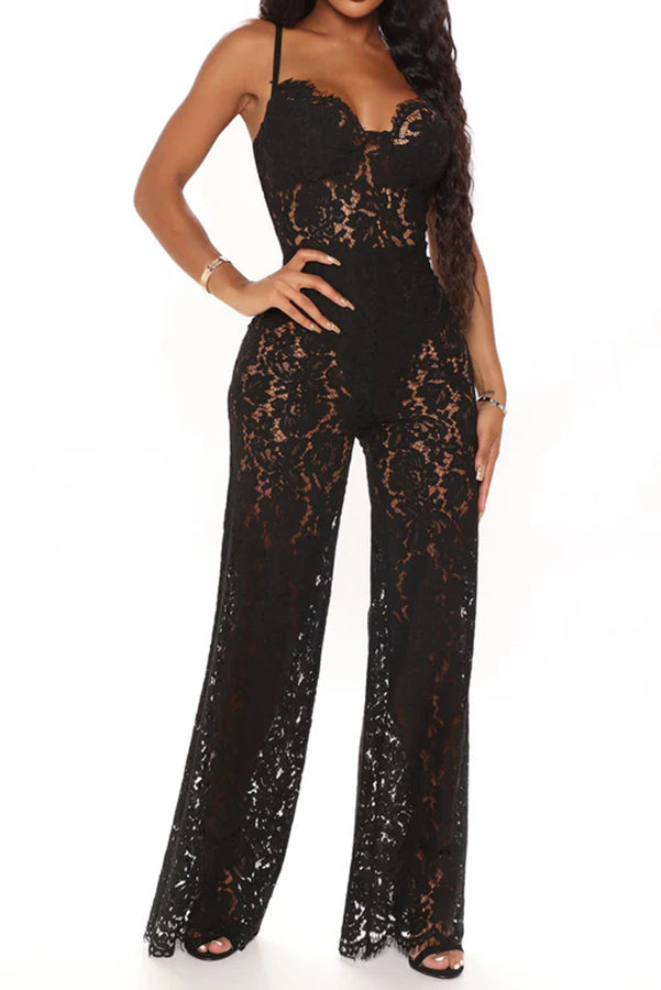 Sexy Moment Floral Lace Lined Suspender Wide Leg Stretch Jumpsuit