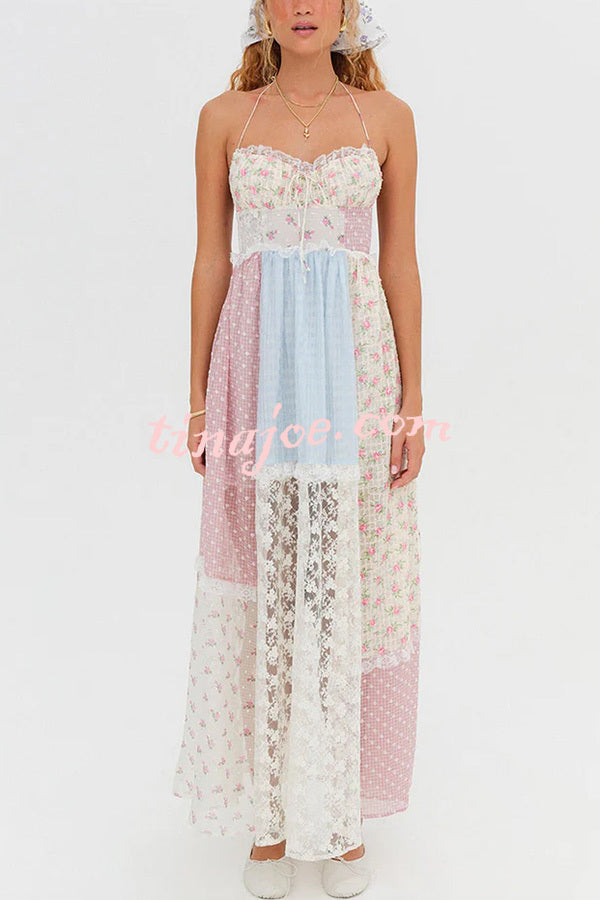 Floral Lace Sexy Halterneck Backless Patchwork Maxi Dress