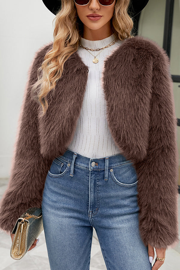 Stylish Long Sleeve Short Casual Faux Fur Jacket