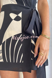 Unique Printed Open Back Waist Tie Holiday Mini Dress