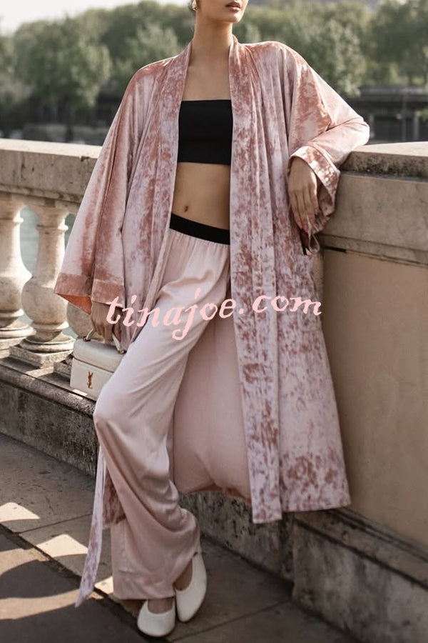Gorgeous Glossy Velvet Long Bell Sleeve Tie-up Pocket Midi Kimono Coat