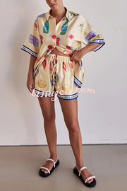 Satin Unique Print Lapel Short Sleeve Loose Shirt and Elastic Waist Drawstring Shorts Set